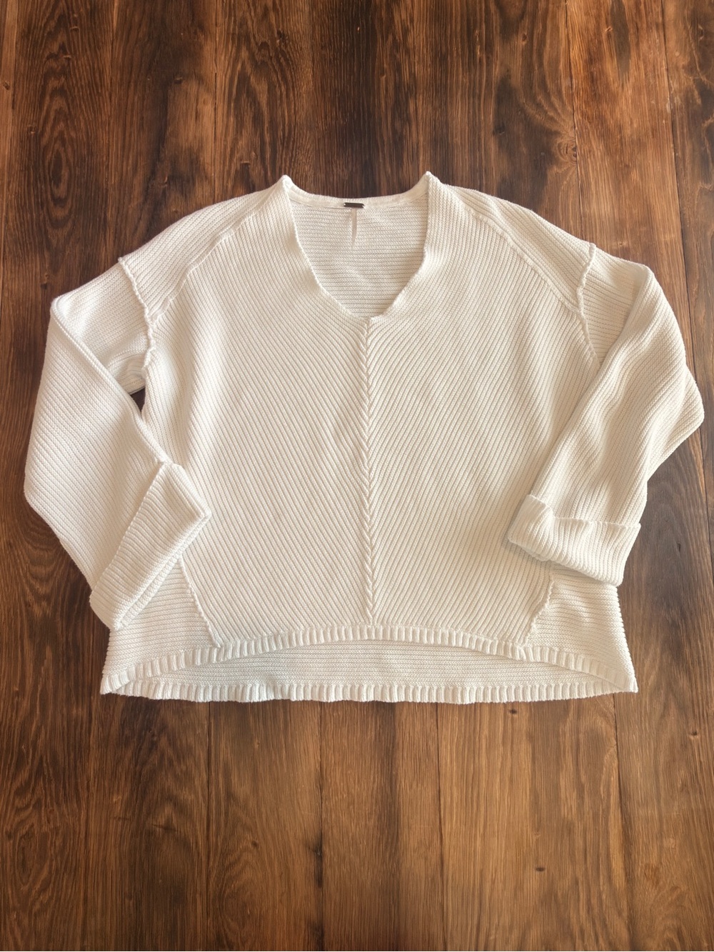 Free People Cream V-Neck Relaxed Knit Pullover